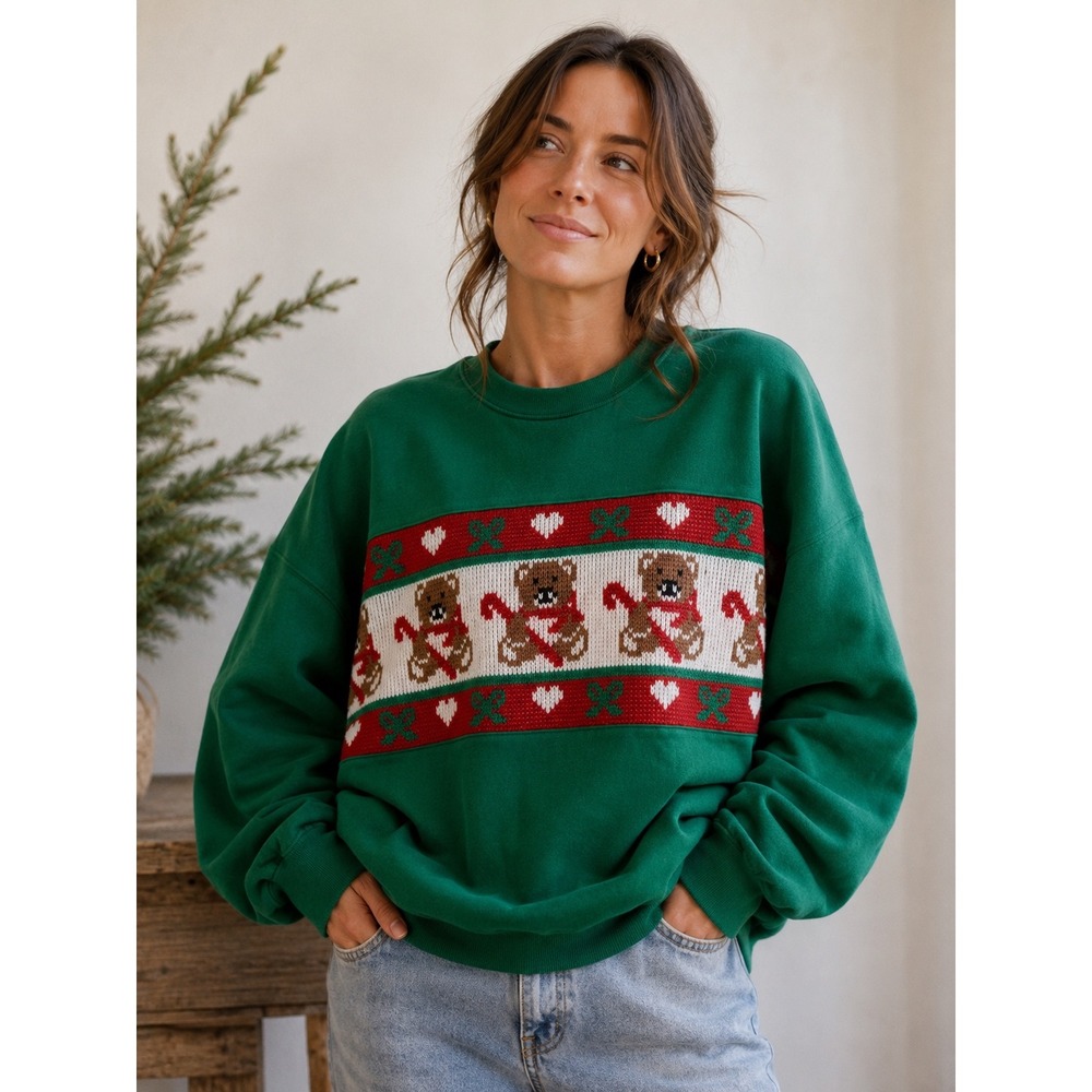 Vintage NutCracker Christmas Teddy Bear Sweatshirt Green Small Made in USA